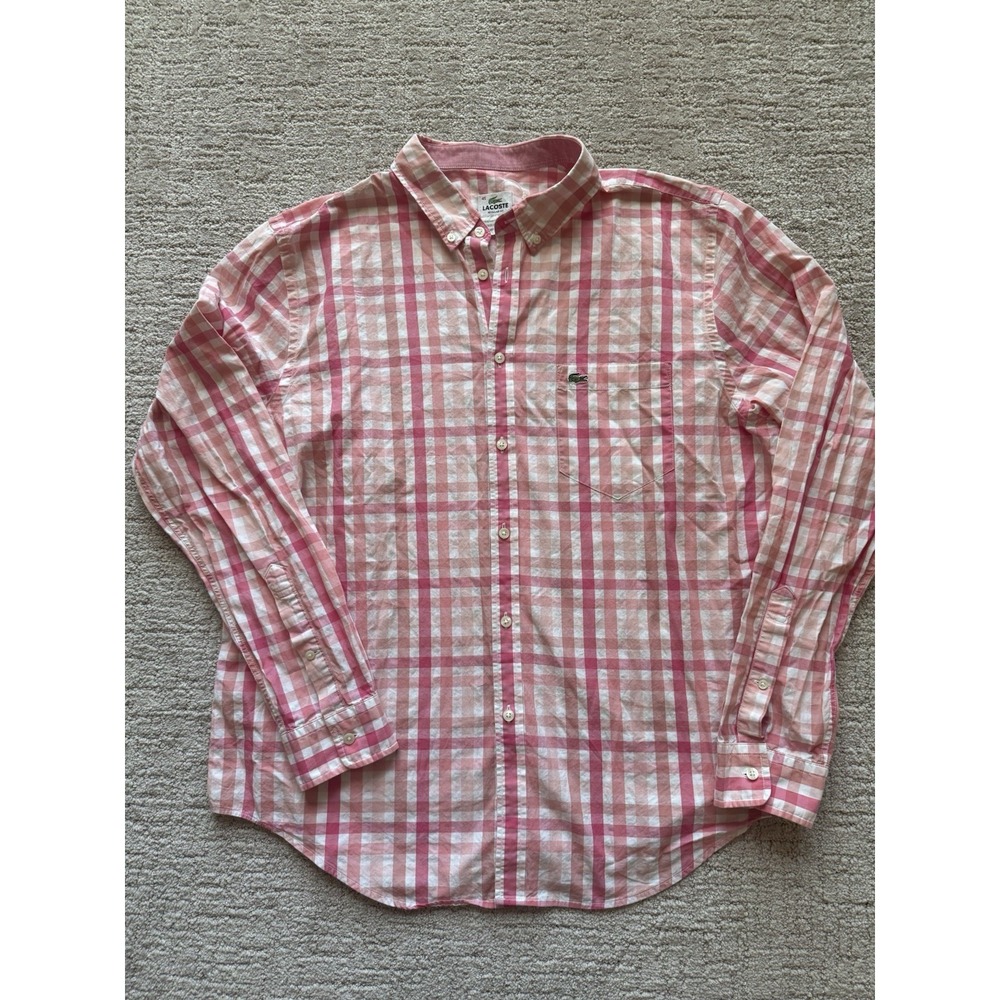 New Lacoste Men's XL Regular Fit Plaid Button Down Shirt Pink 100% Cotton